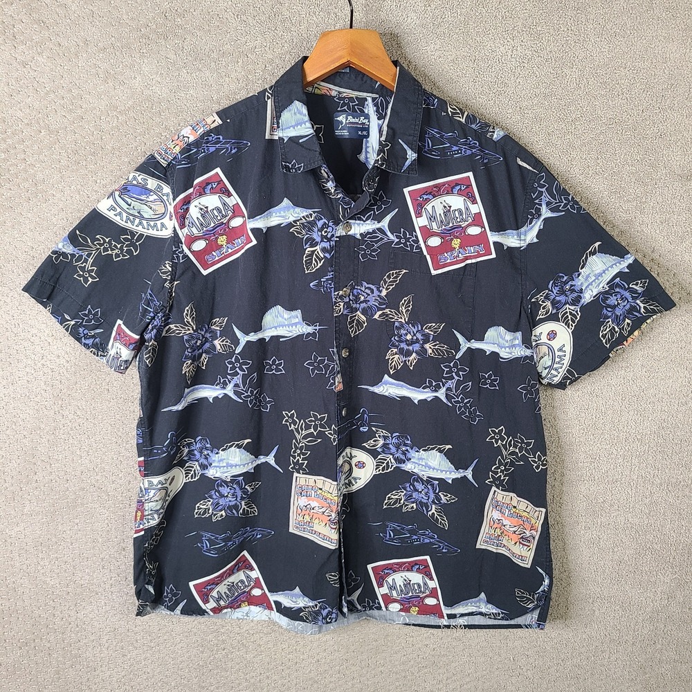 Bimini Bay Shirt Mens XL Blue Floral Button Down‎ Vacation Marlin Travel Cotton